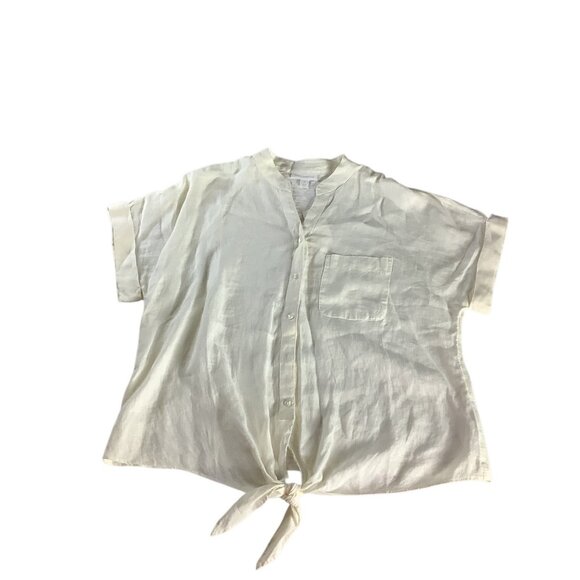 Charter Club Women’s White Linen Button Front Tie Hem Shirt Size M Collarless - Picture 14 of 16